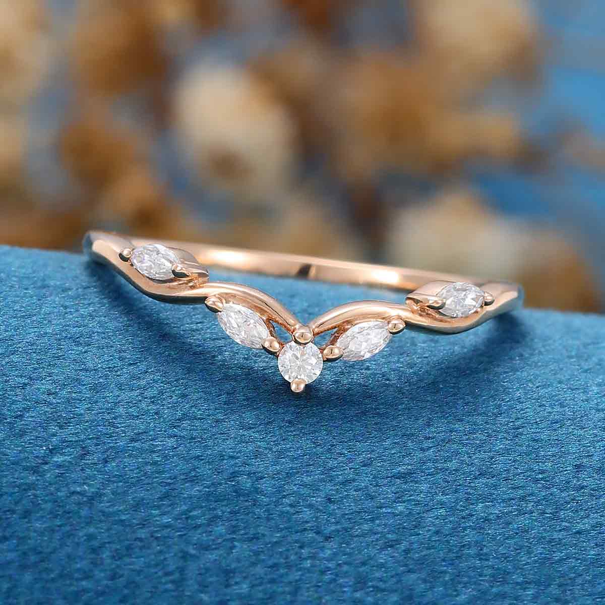 Marquise cut Moissanite | Diamond Rose gold Curved Wedding Band - Image 4