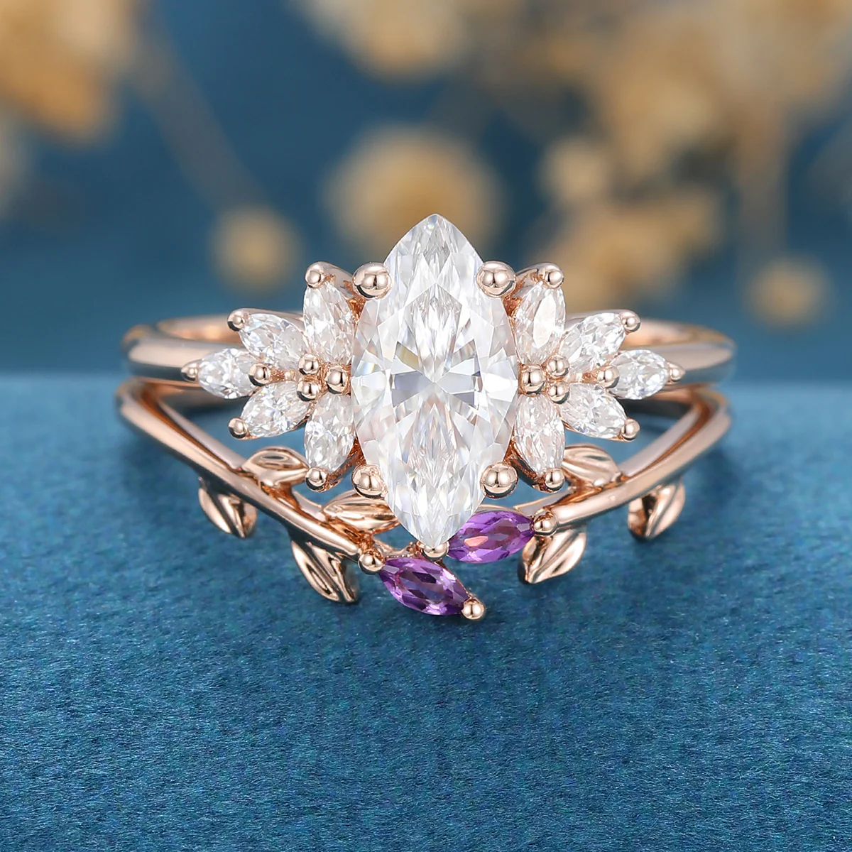 1.0Carat Marquise cut Moissanite Cluster Engagement ring Bridal Set - Image 3