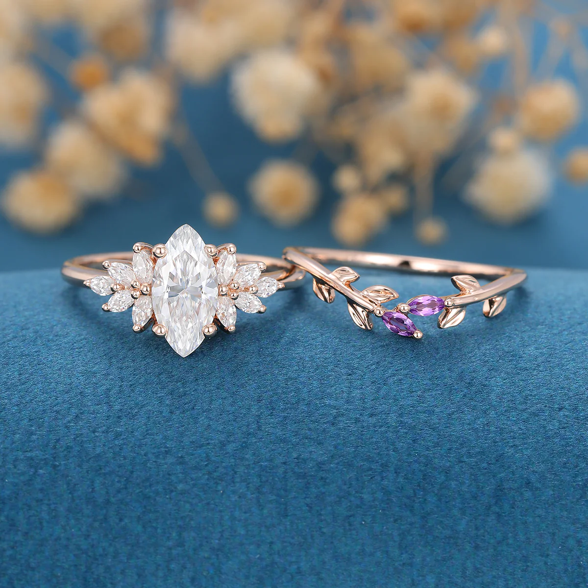 1.0Carat Marquise cut Moissanite Cluster Engagement ring Bridal Set - Image 4