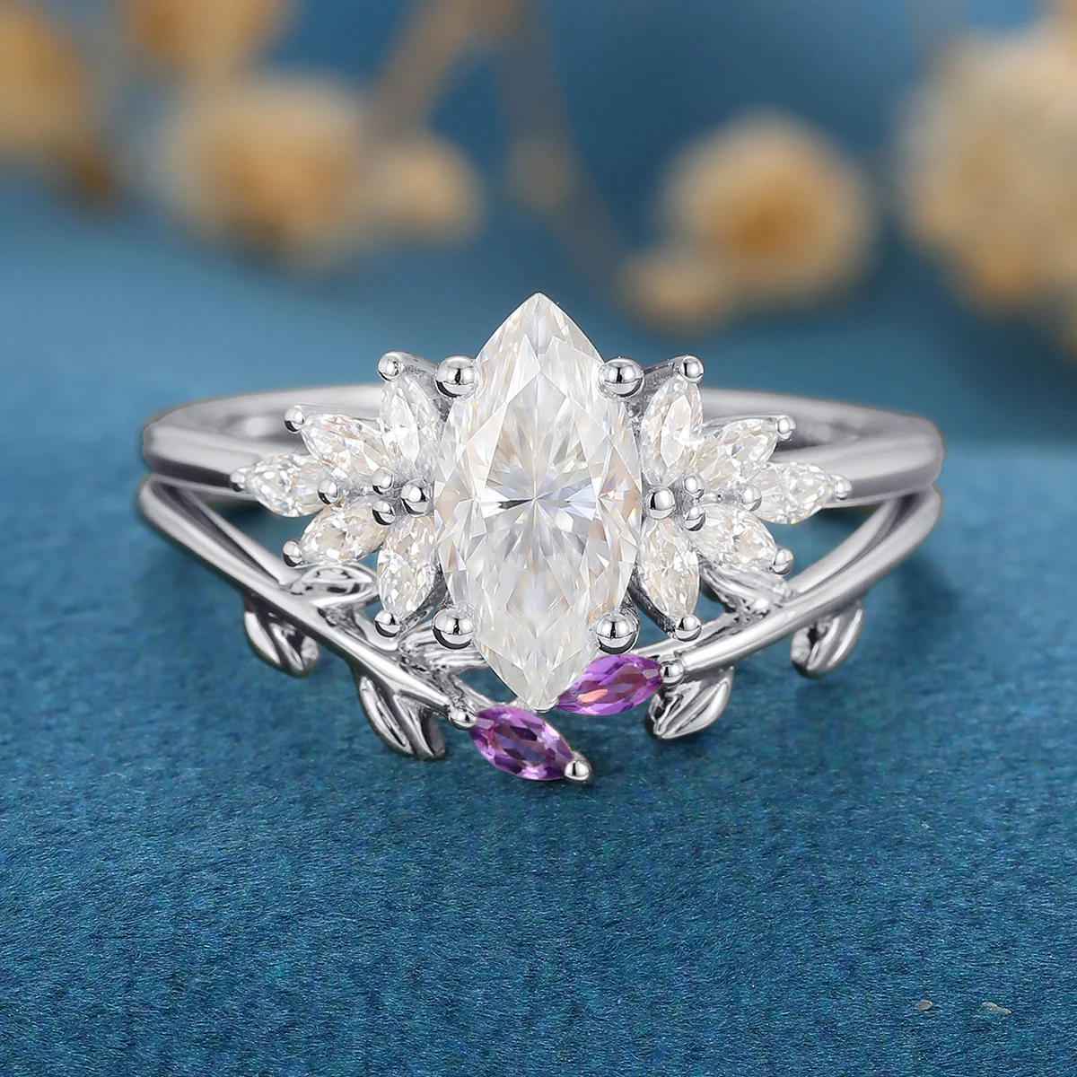 1.0Carat Marquise cut Moissanite Cluster Engagement ring Bridal Set - Image 5