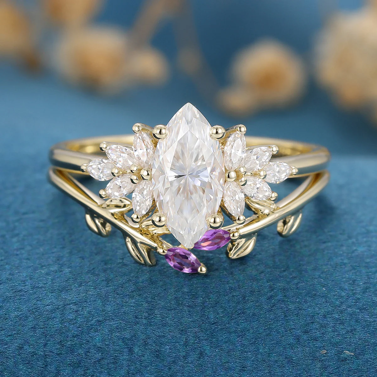 1.0Carat Marquise cut Moissanite Cluster Engagement ring Bridal Set - Image 6