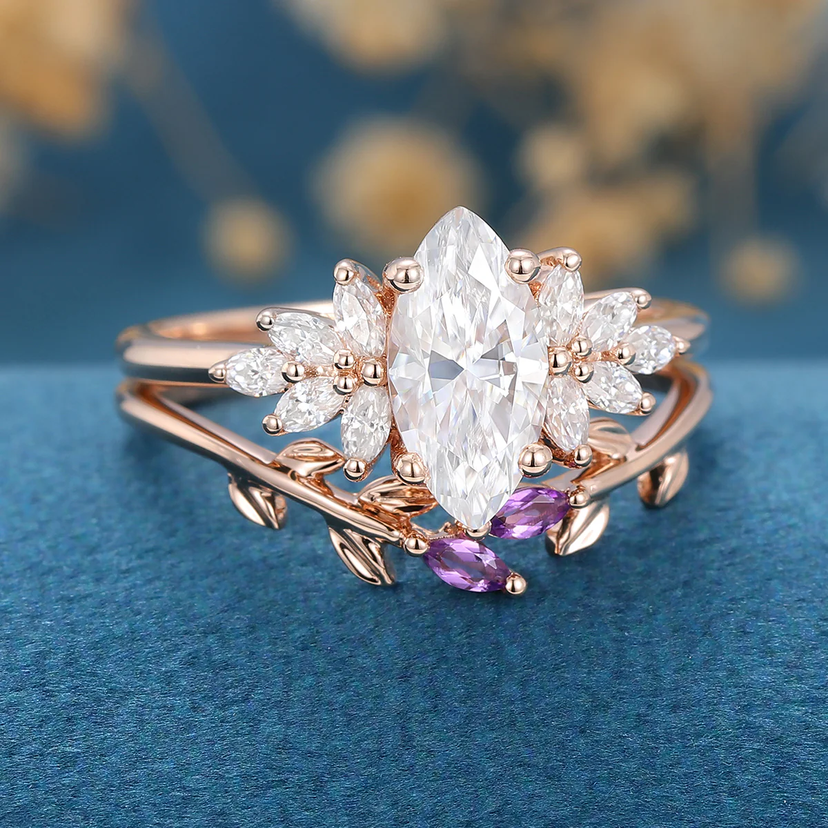 1.0Carat Marquise cut Moissanite Cluster Engagement ring Bridal Set - Image 7