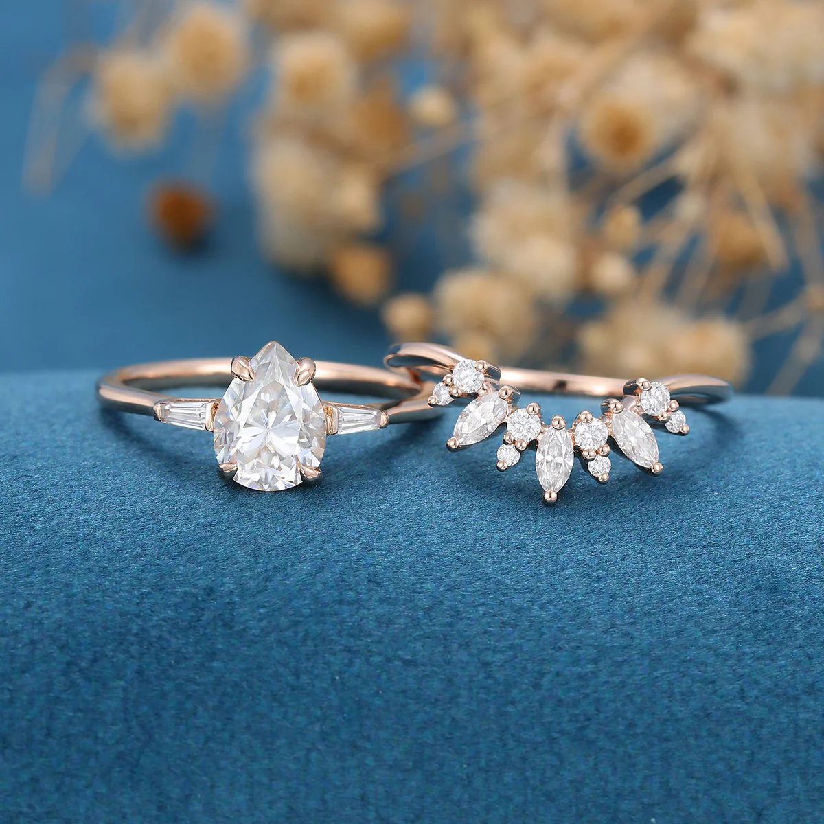 1.2Carat Pear Moissanite | Baguette Diamond Engagement ring Bridal Set - Image 3