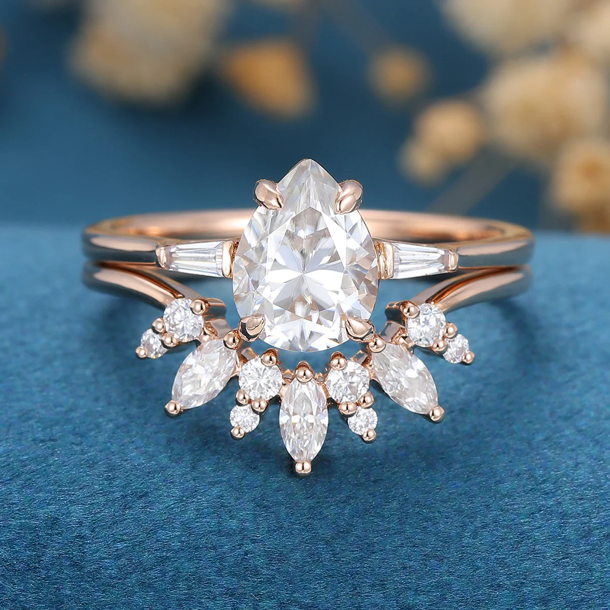 1.2Carat Pear Moissanite | Baguette Diamond Engagement ring Bridal Set - Image 4