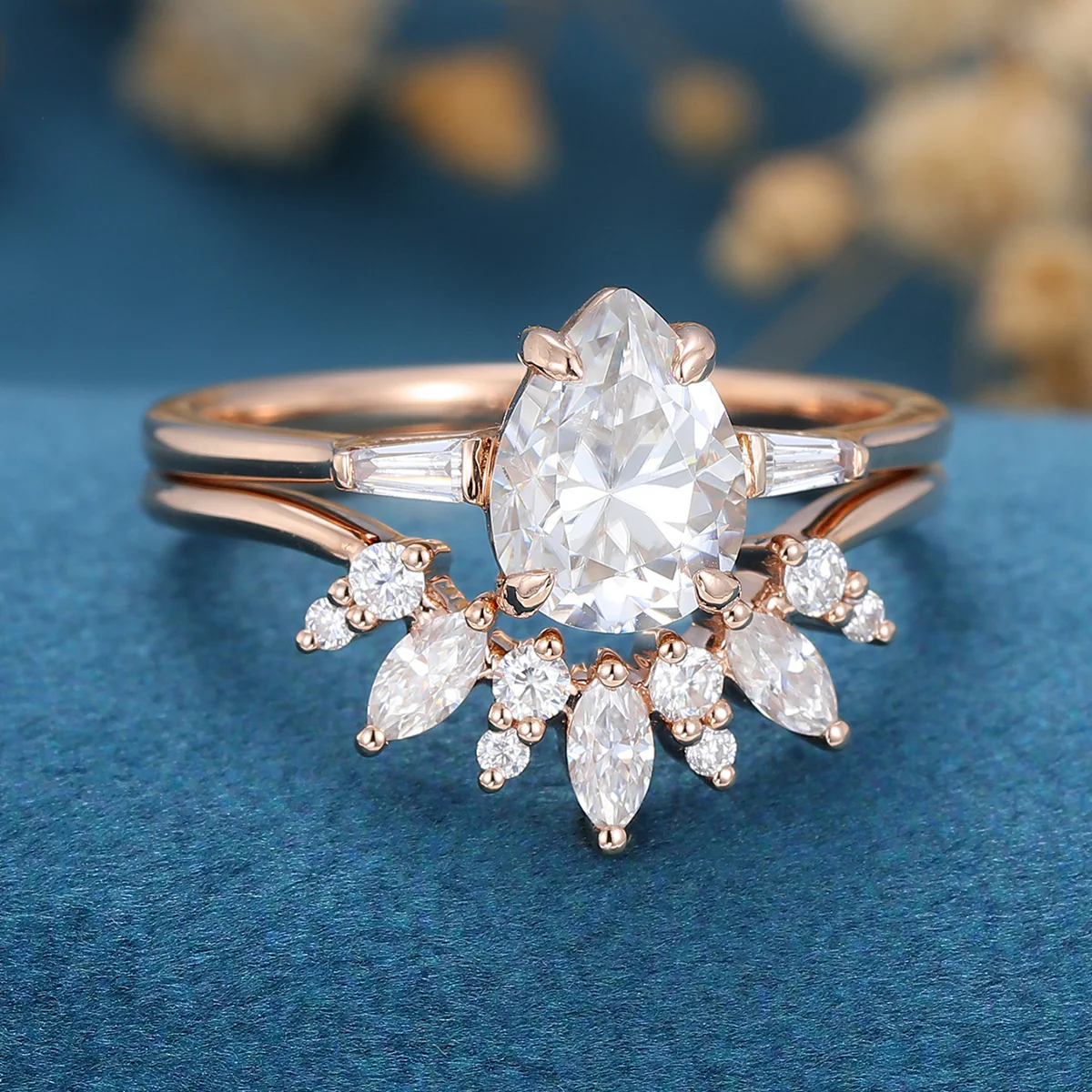 1.2Carat Pear Moissanite | Baguette Diamond Engagement ring Bridal Set - Image 5