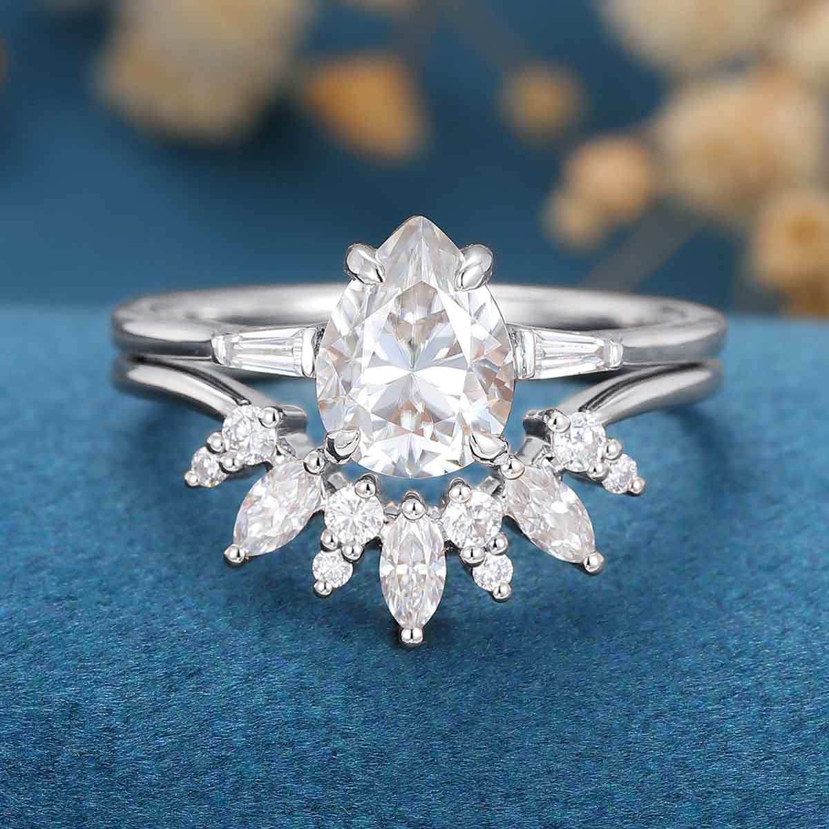 1.2Carat Pear Moissanite | Baguette Diamond Engagement ring Bridal Set - Image 6