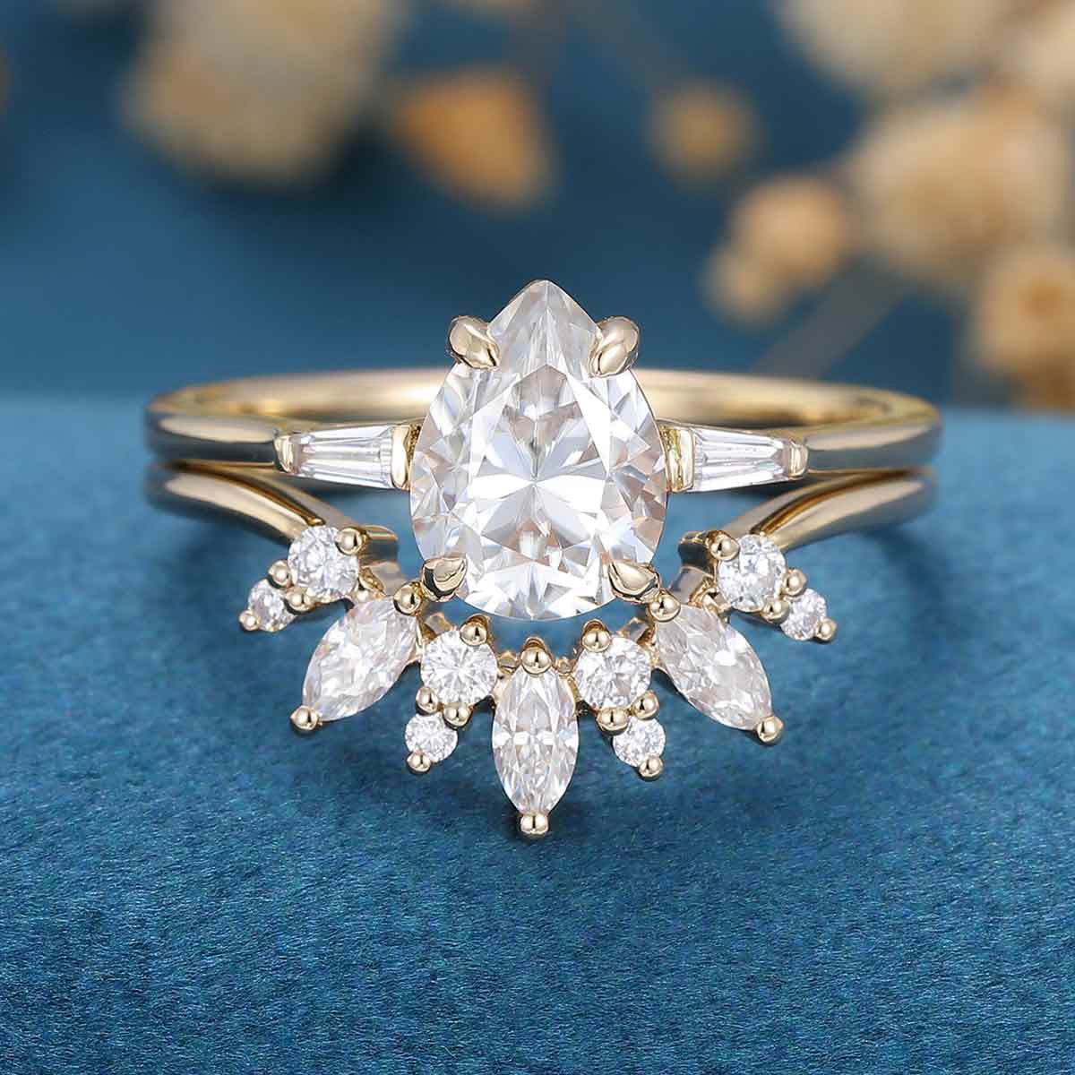 1.2Carat Pear Moissanite | Baguette Diamond Engagement ring Bridal Set - Image 7