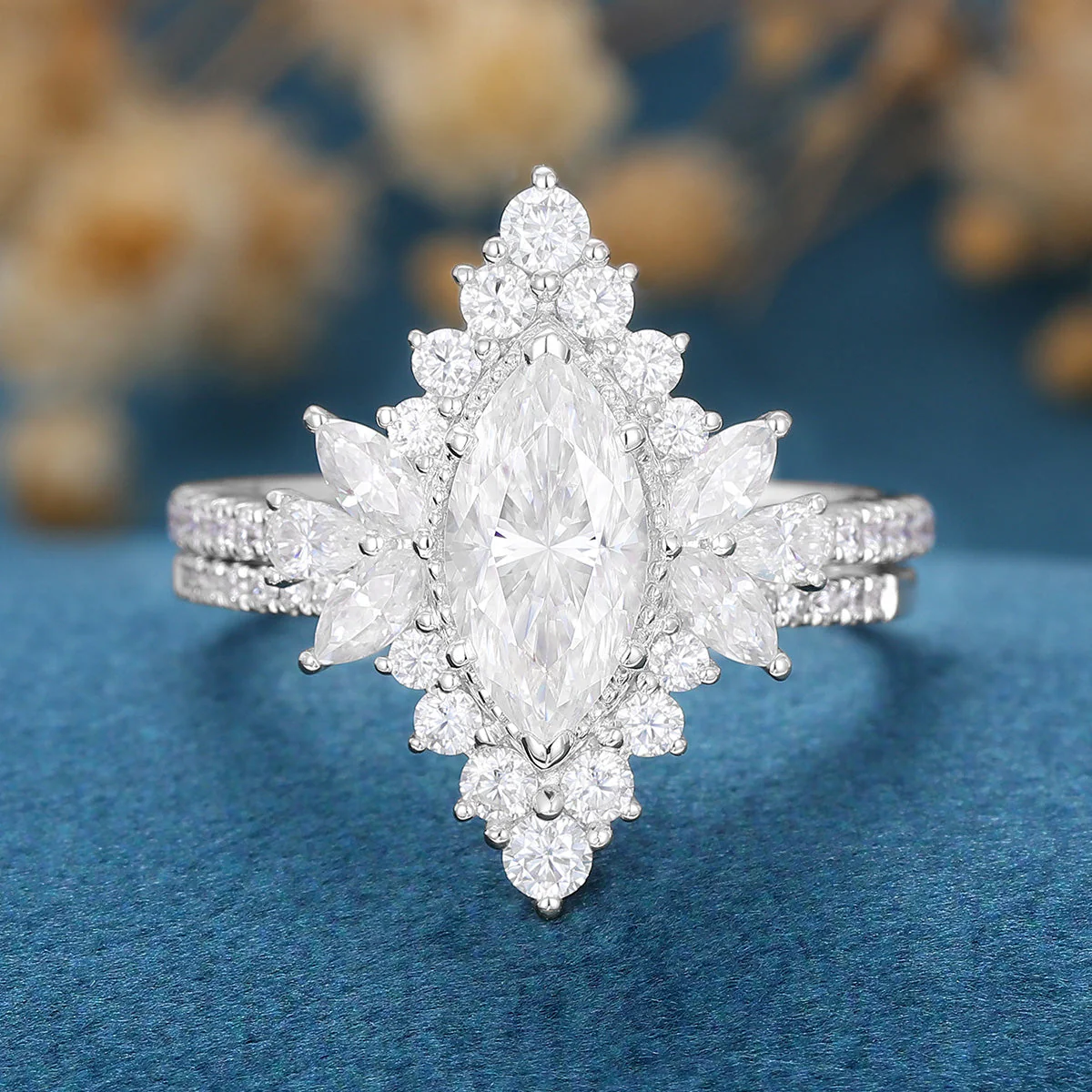 1 Carat Marquise cut Moissanite Halo Cluster Engagement Ring Bridal Set - Image 10