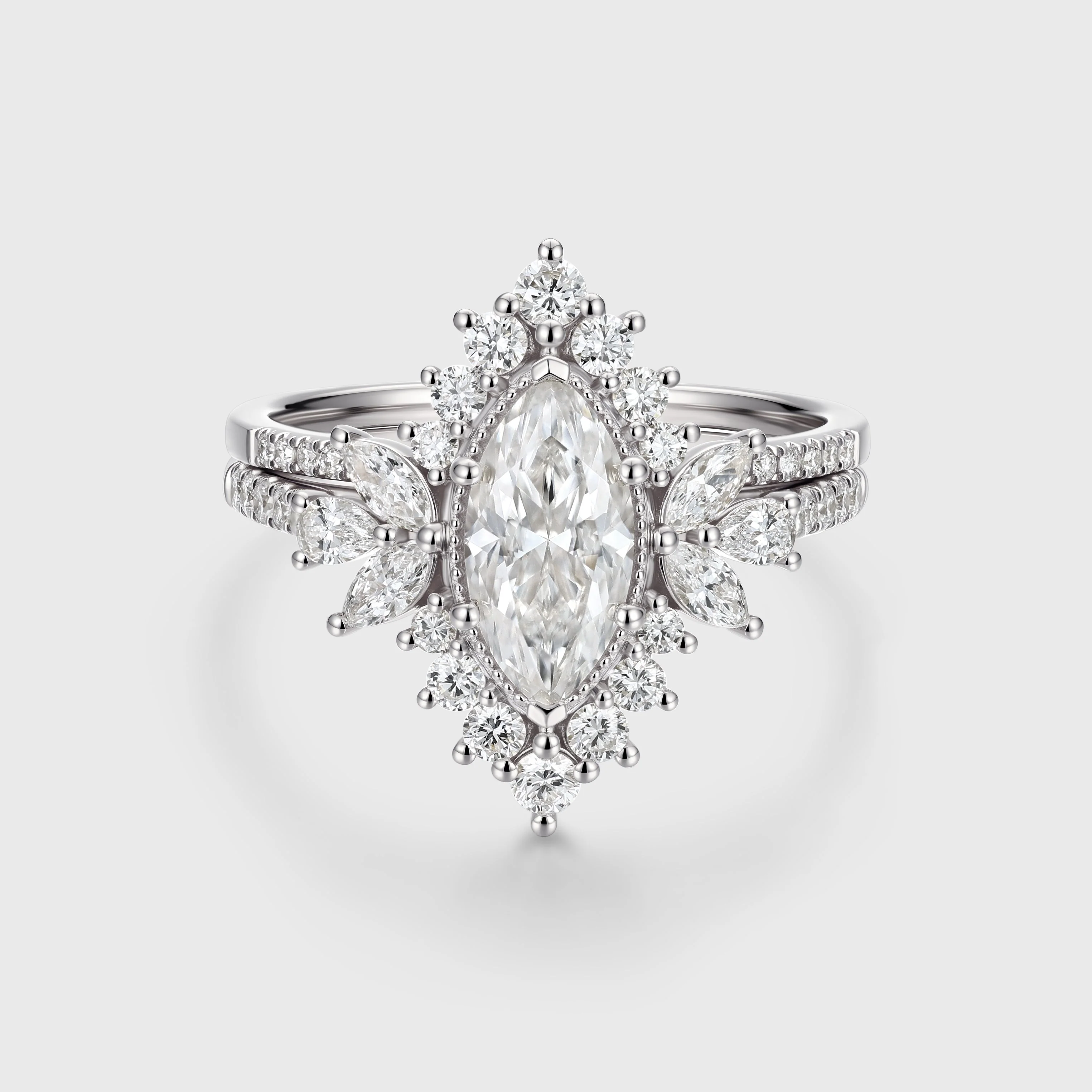 1 Carat Marquise cut Moissanite Halo Cluster Engagement Ring Bridal Set - Image 4