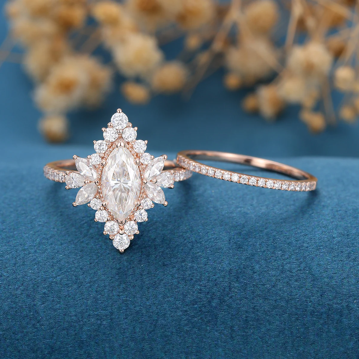 1 Carat Marquise cut Moissanite Halo Cluster Engagement Ring Bridal Set - Image 6