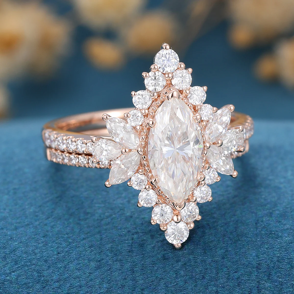 1 Carat Marquise cut Moissanite Halo Cluster Engagement Ring Bridal Set - Image 7