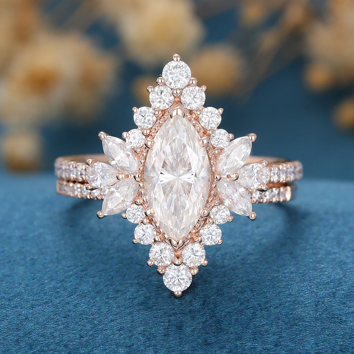 1 Carat Marquise cut Moissanite Halo Cluster Engagement Ring Bridal Set - Image 8