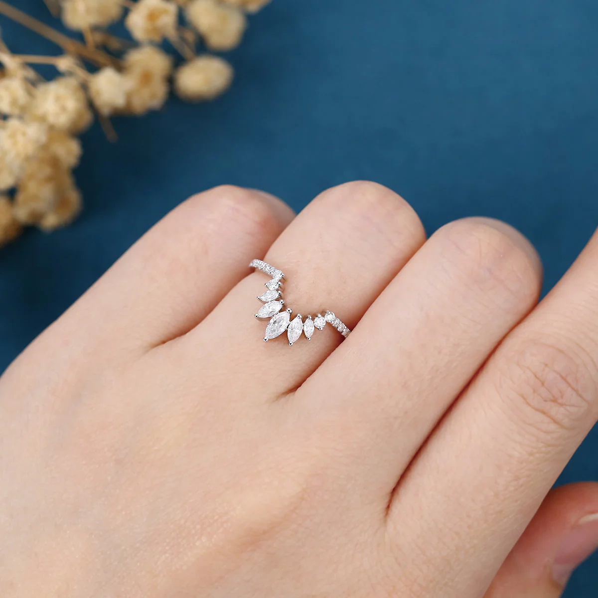 Marquise cut Moissanite Half Eternity Diamonds Curved Wedding Band - Image 2