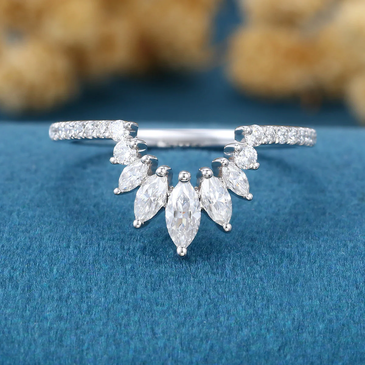 Marquise cut Moissanite Half Eternity Diamonds Curved Wedding Band - Image 3