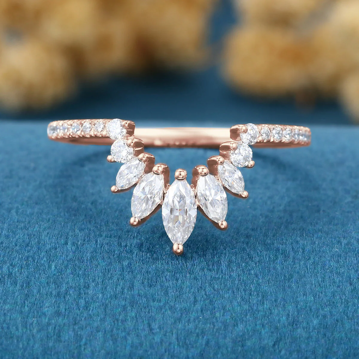 Marquise cut Moissanite Half Eternity Diamonds Curved Wedding Band - Image 8