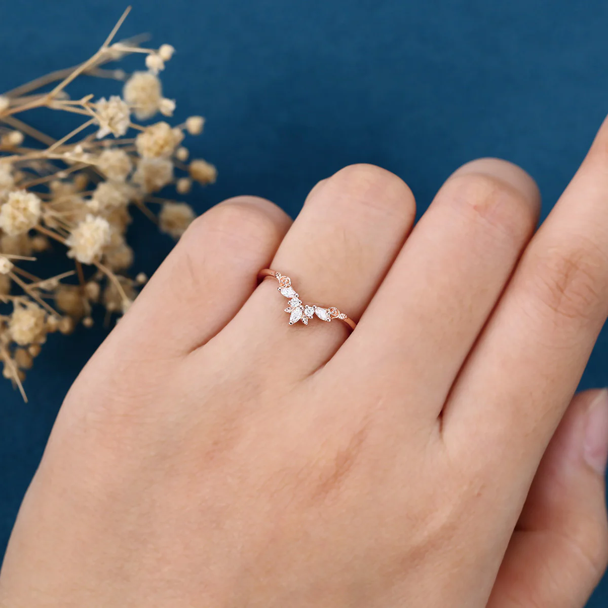 Marquise cut Moissanite | Natural Diamonds | Lab Grow Diamonds Curved Wedding Band Ring - Image 2
