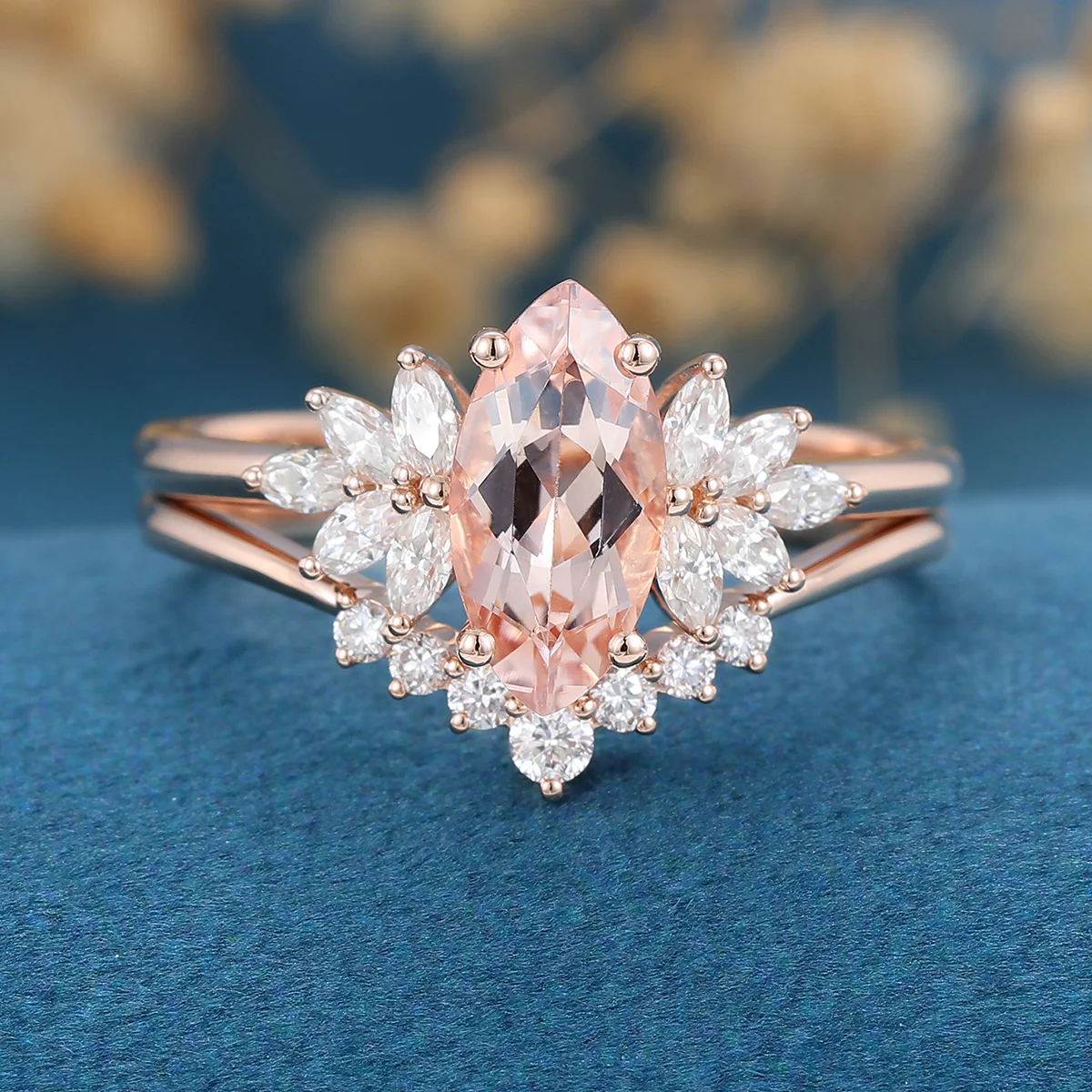 1.0Carat Marquise cut Morganite Cluster Engagement ring Bridal Set - Image 3