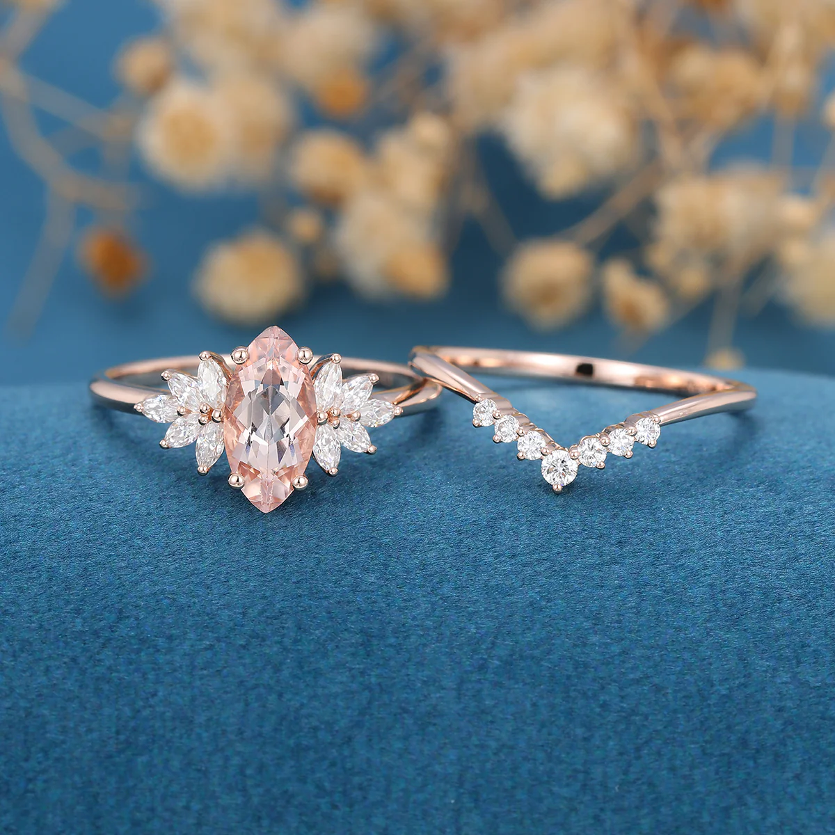 1.0Carat Marquise cut Morganite Cluster Engagement ring Bridal Set - Image 4