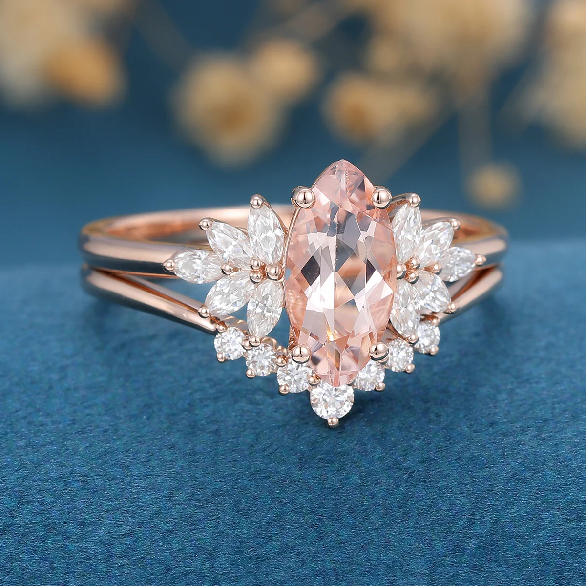 1.0Carat Marquise cut Morganite Cluster Engagement ring Bridal Set - Image 5