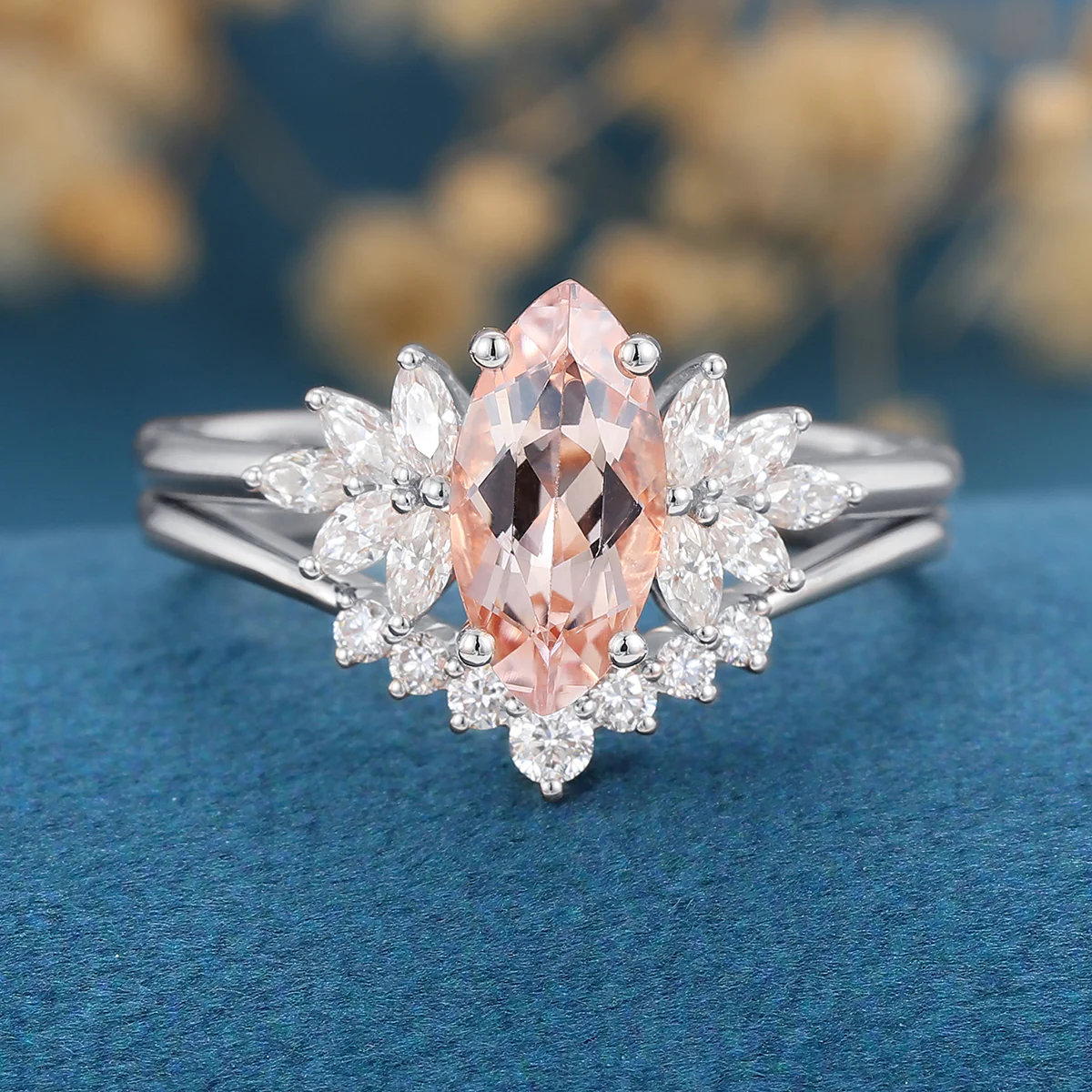 1.0Carat Marquise cut Morganite Cluster Engagement ring Bridal Set - Image 7