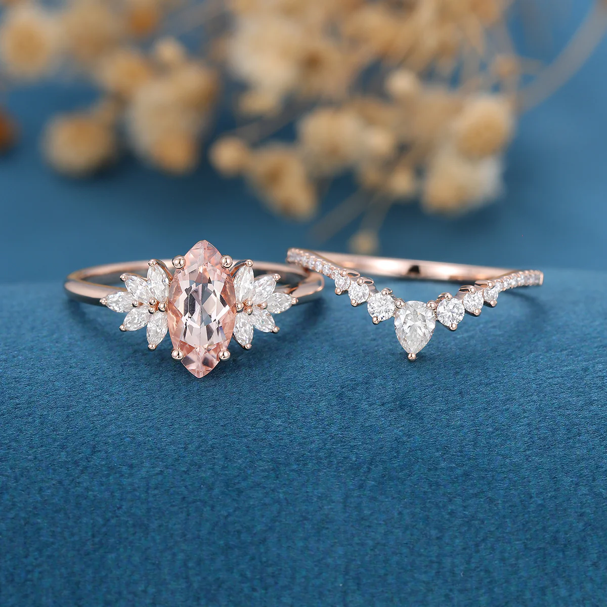 1.0Carat Marquise cut Morganite Cluster Engagement ring Bridal Set for Women - Image 3