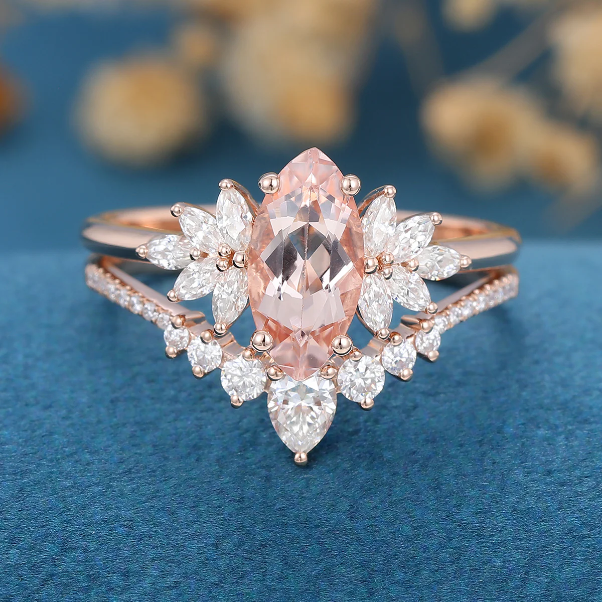 1.0Carat Marquise cut Morganite Cluster Engagement ring Bridal Set for Women - Image 4