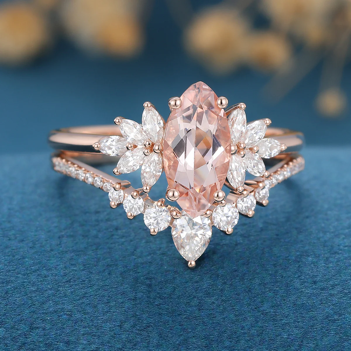 1.0Carat Marquise cut Morganite Cluster Engagement ring Bridal Set for Women - Image 5