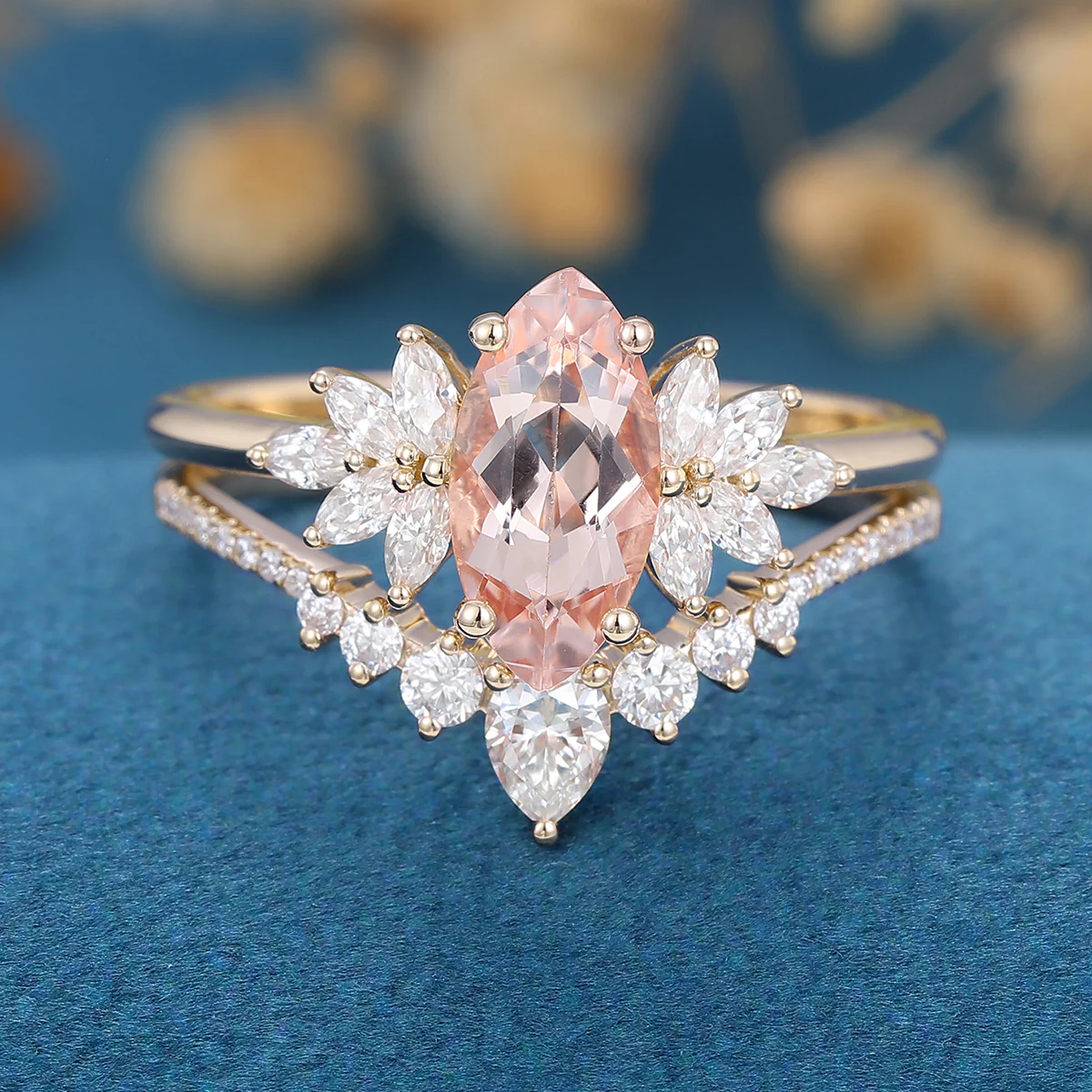 1.0Carat Marquise cut Morganite Cluster Engagement ring Bridal Set for Women - Image 6