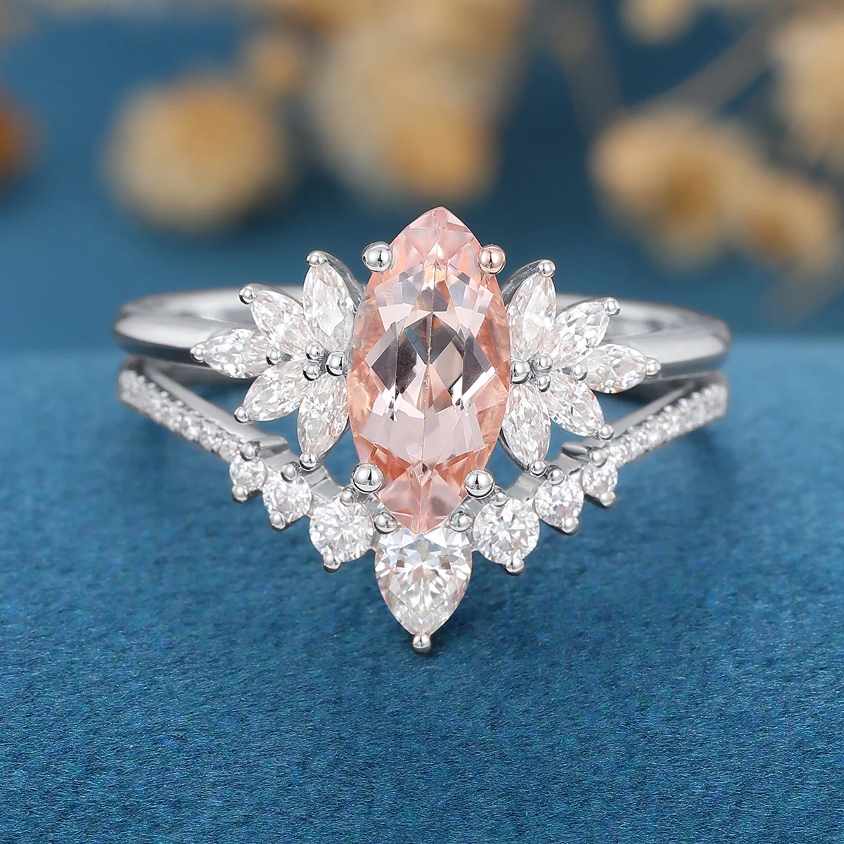 1.0Carat Marquise cut Morganite Cluster Engagement ring Bridal Set for Women - Image 7