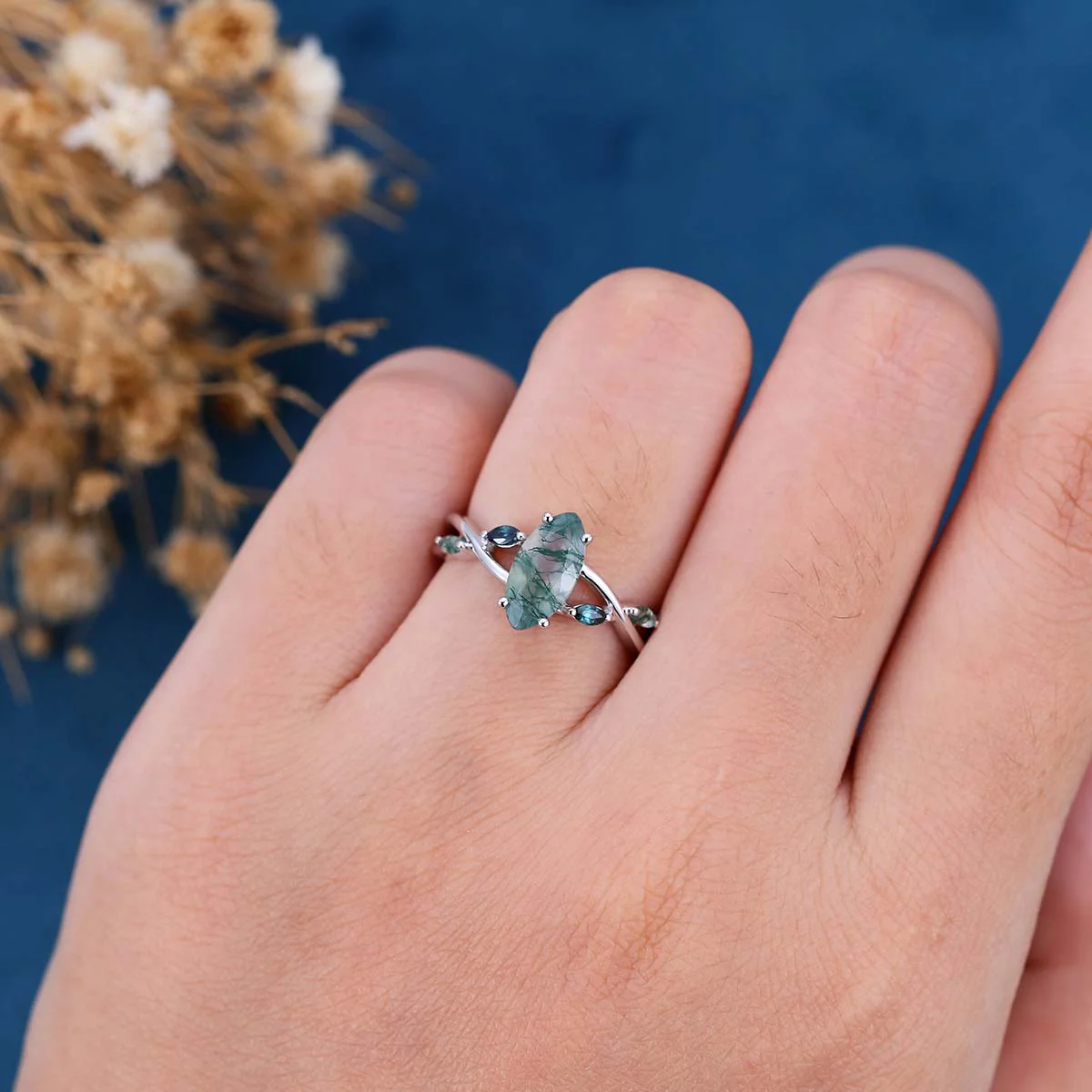 Marquise cut Moss Agate Matching Moss Agate | Blue-green sapphire Gold Engagement Ring - Image 2