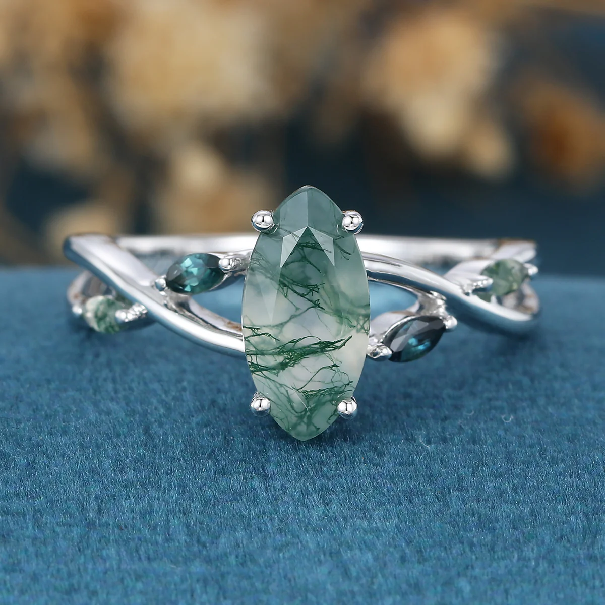 Marquise cut Moss Agate Matching Moss Agate | Blue-green sapphire Gold Engagement Ring - Image 3