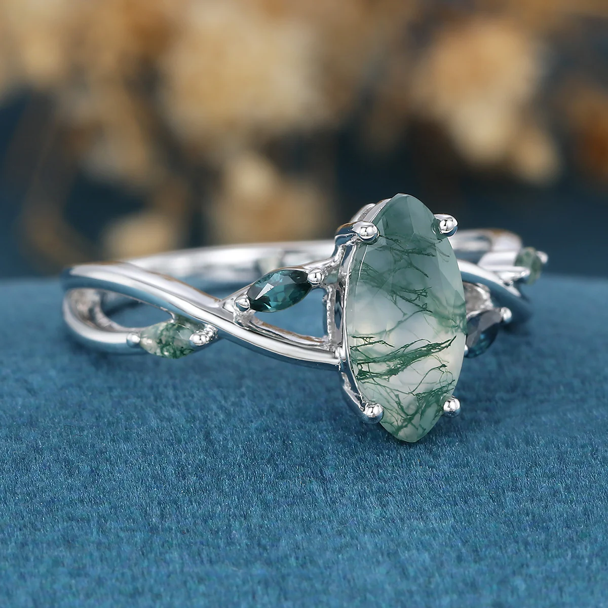 Marquise cut Moss Agate Matching Moss Agate | Blue-green sapphire Gold Engagement Ring - Image 4