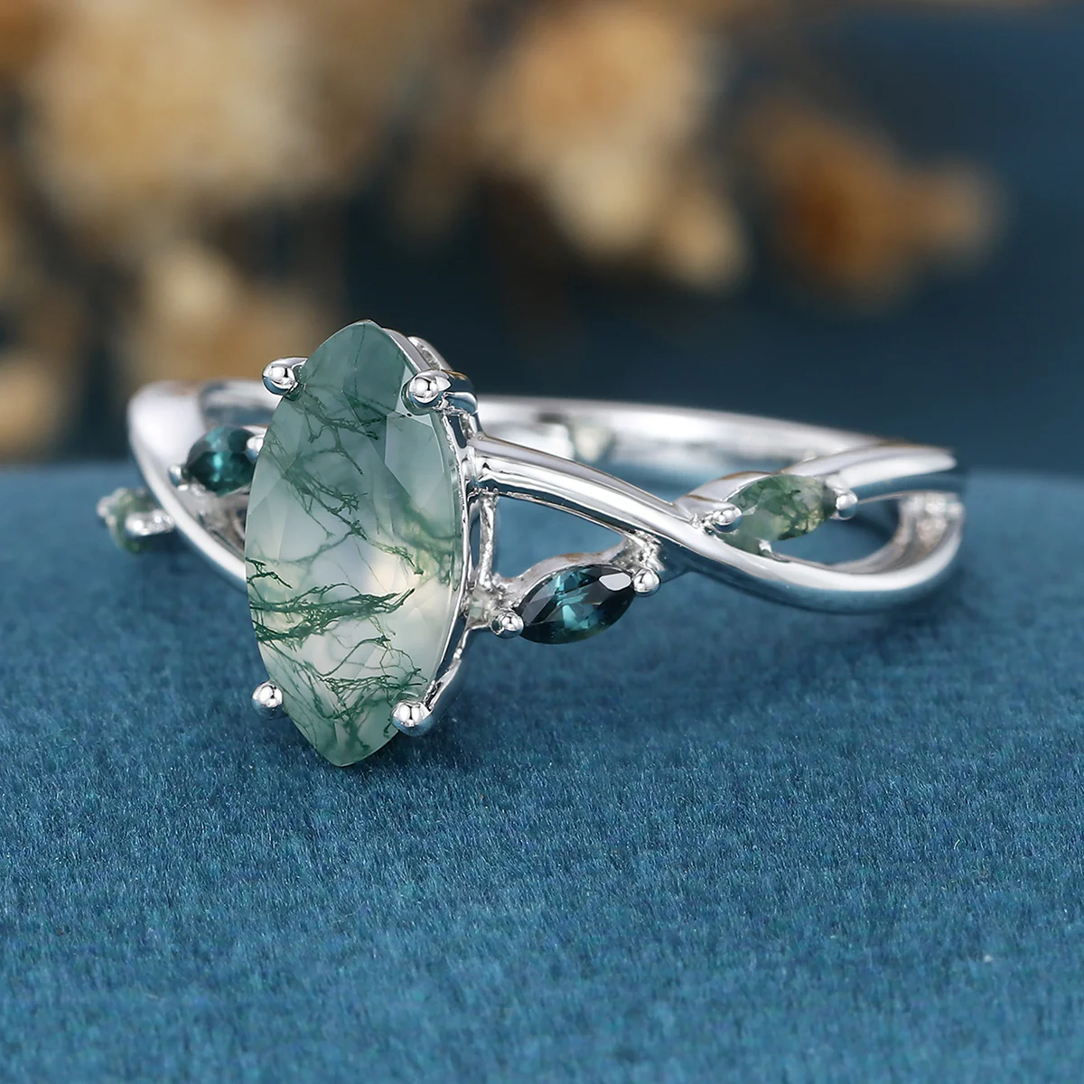 Marquise cut Moss Agate Matching Moss Agate | Blue-green sapphire Gold Engagement Ring - Image 5