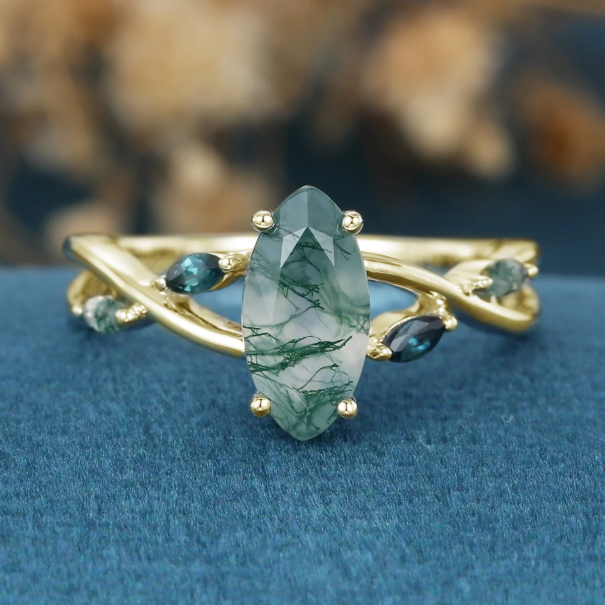 Marquise cut Moss Agate Matching Moss Agate | Blue-green sapphire Gold Engagement Ring - Image 7