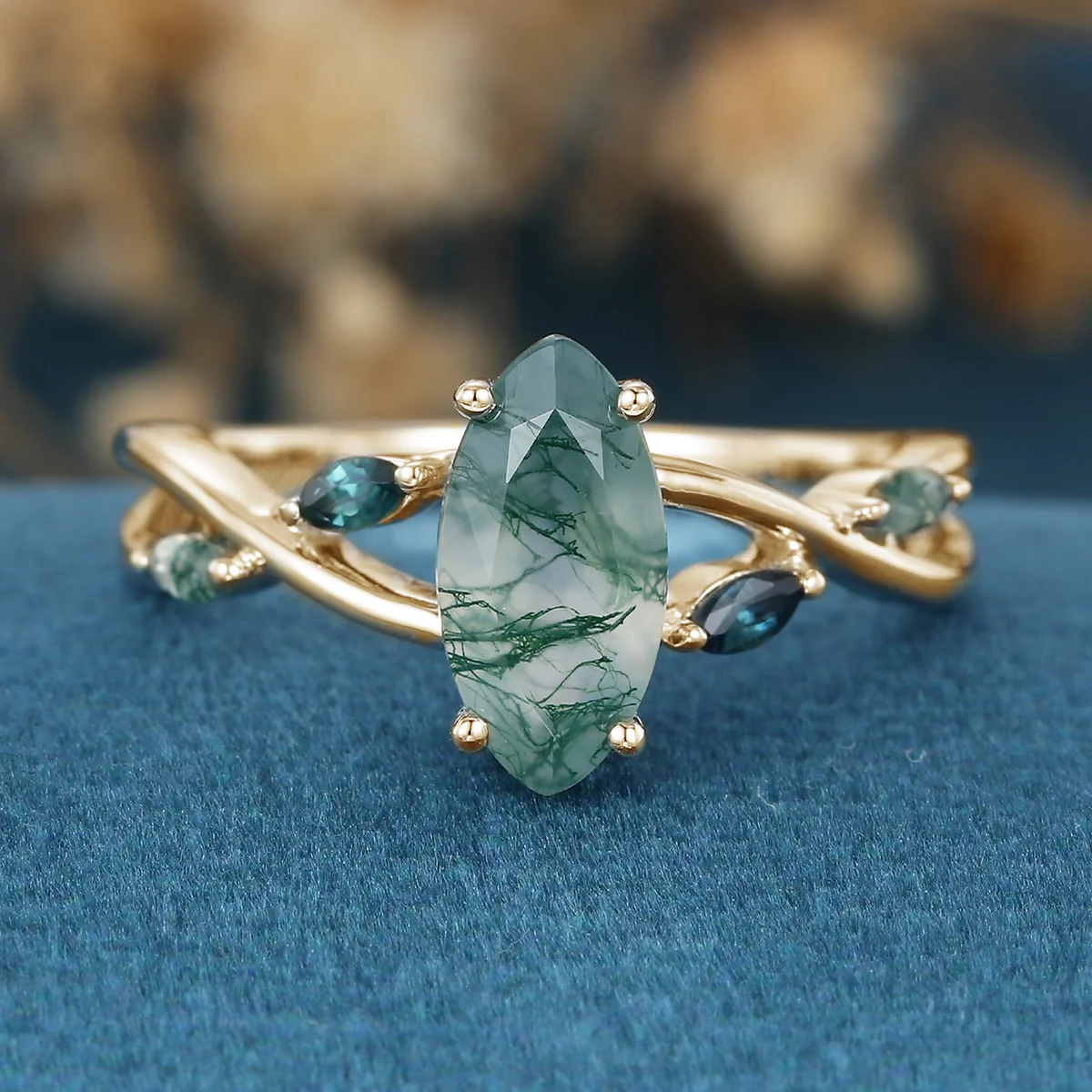 Marquise cut Moss Agate Matching Moss Agate | Blue-green sapphire Gold Engagement Ring - Image 8