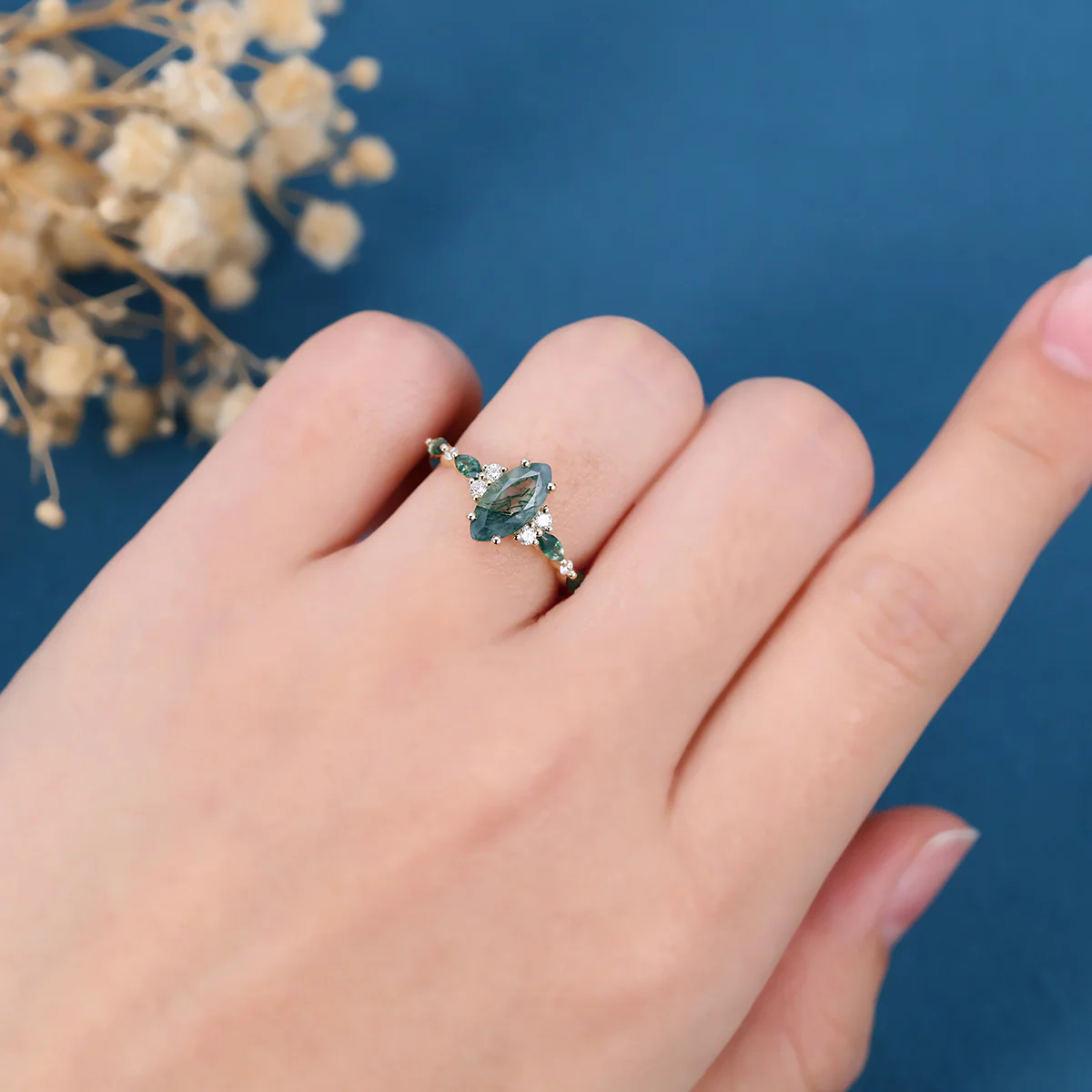 Marquise cut Moss Agate Matching Moss Agate | Diamonds Gold Engagement Ring - Image 2