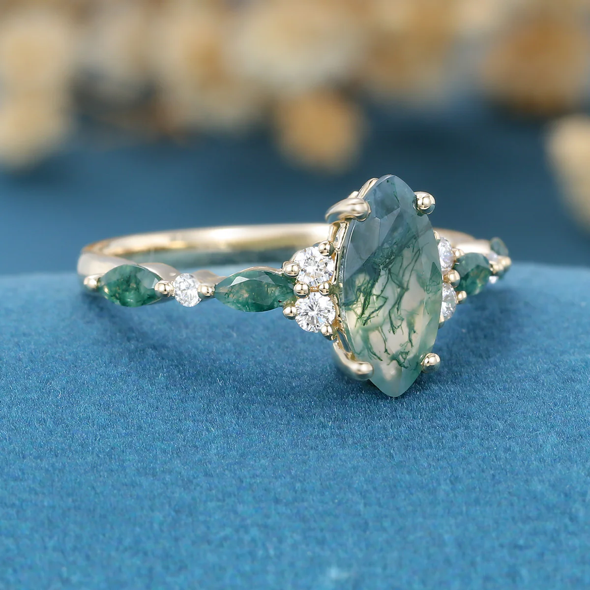 Marquise cut Moss Agate Matching Moss Agate |  Diamonds Gold Engagement Ring - Image 6