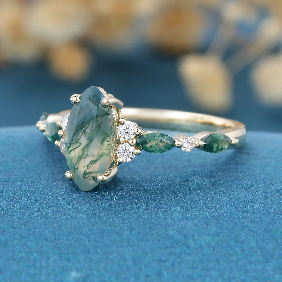 Marquise cut Moss Agate Matching Moss Agate | Diamonds Gold Engagement Ring - Image 7