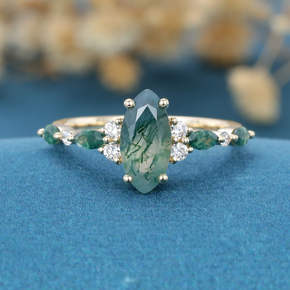Marquise cut Moss Agate Matching Moss Agate |  Diamonds Gold Engagement Ring - Image 9