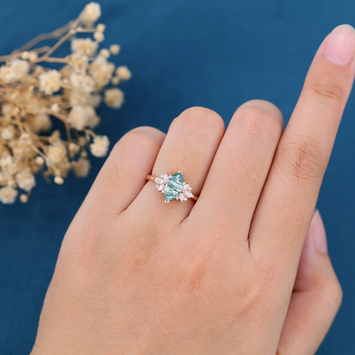 Marquise cut Moss Agate Matching Moissanite | Diamonds Gold Engagement Ring - Image 2