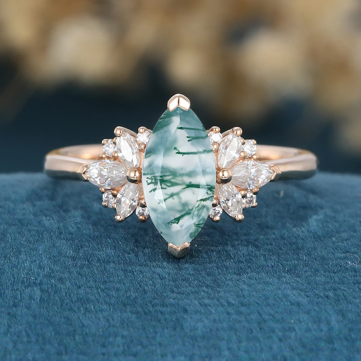 Marquise cut Moss Agate Matching Moissanite | Diamonds Gold Engagement Ring - Image 3
