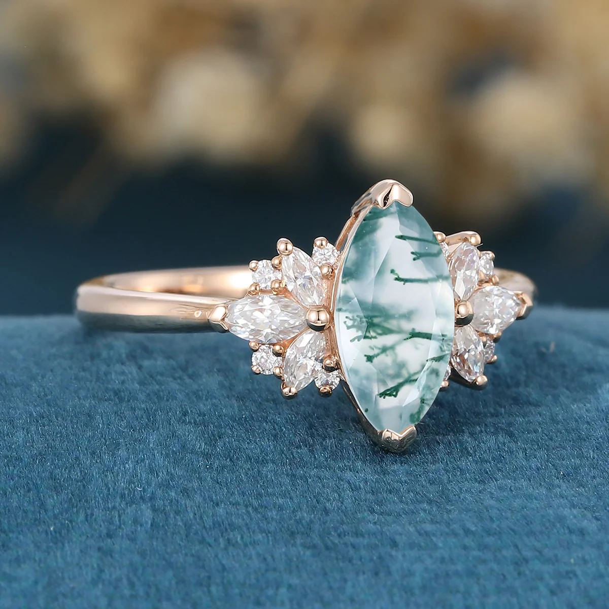 Marquise cut Moss Agate Matching Moissanite | Diamonds Gold Engagement Ring - Image 4