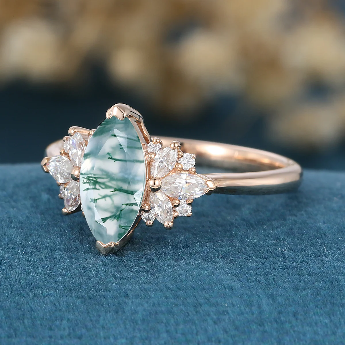 Marquise cut Moss Agate Matching Moissanite | Diamonds Gold Engagement Ring - Image 5