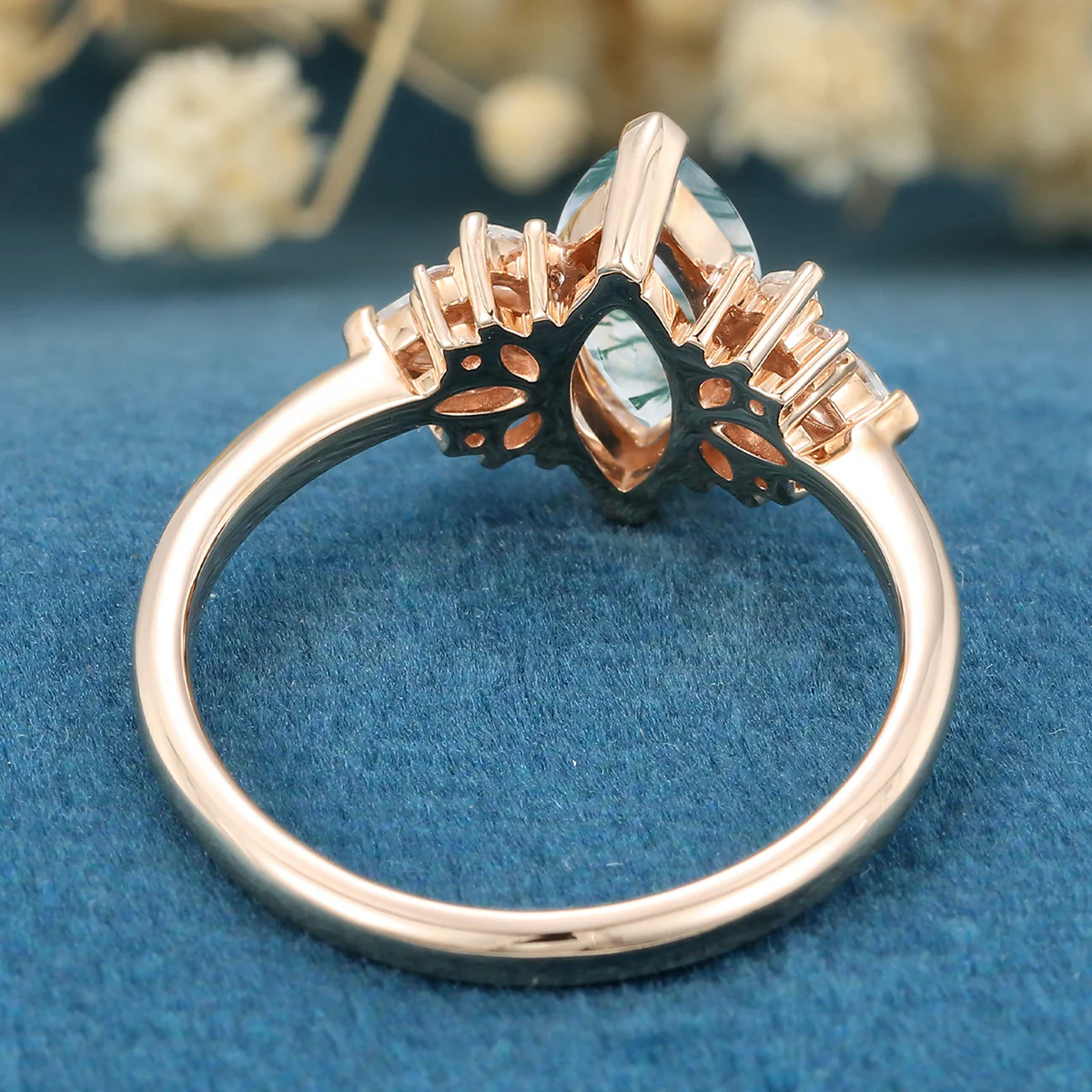 Marquise cut Moss Agate Matching Moissanite | Diamonds Gold Engagement Ring - Image 6