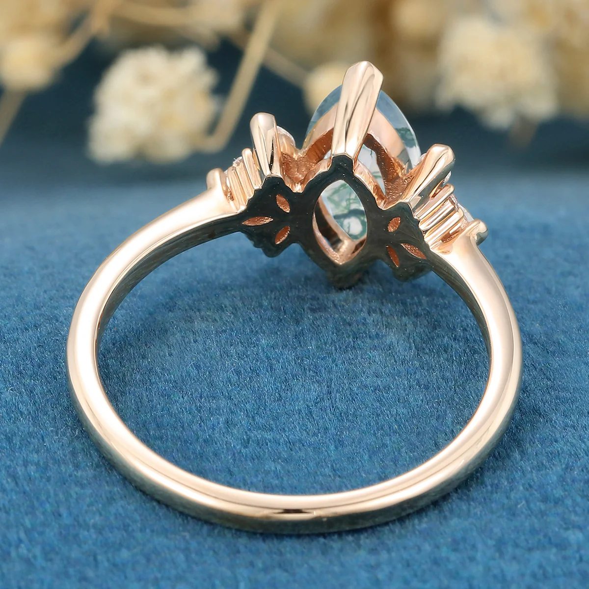 Marquise cut Moss Agate Matching Moissanite | Diamonds Gold Engagement Ring - Image 6