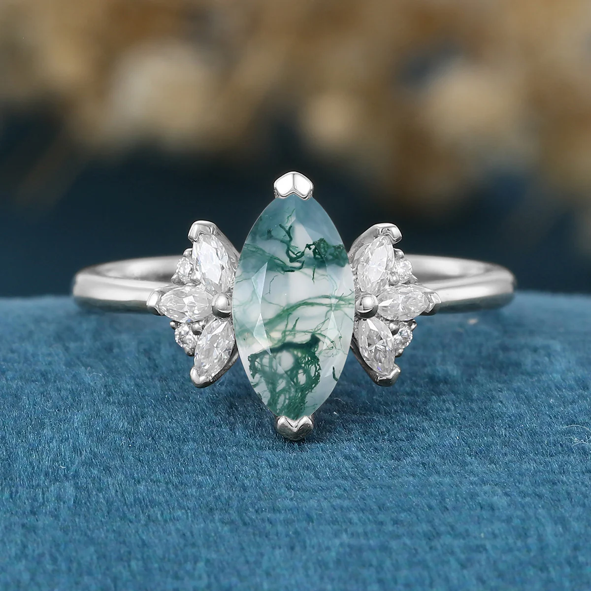 Marquise cut Moss Agate Matching Moissanite | Diamonds Gold Engagement Ring - Image 7