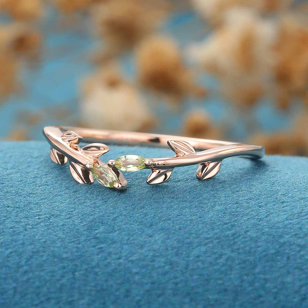 Marquise cut Olivine leaf Curved Wedding Band - Image 3