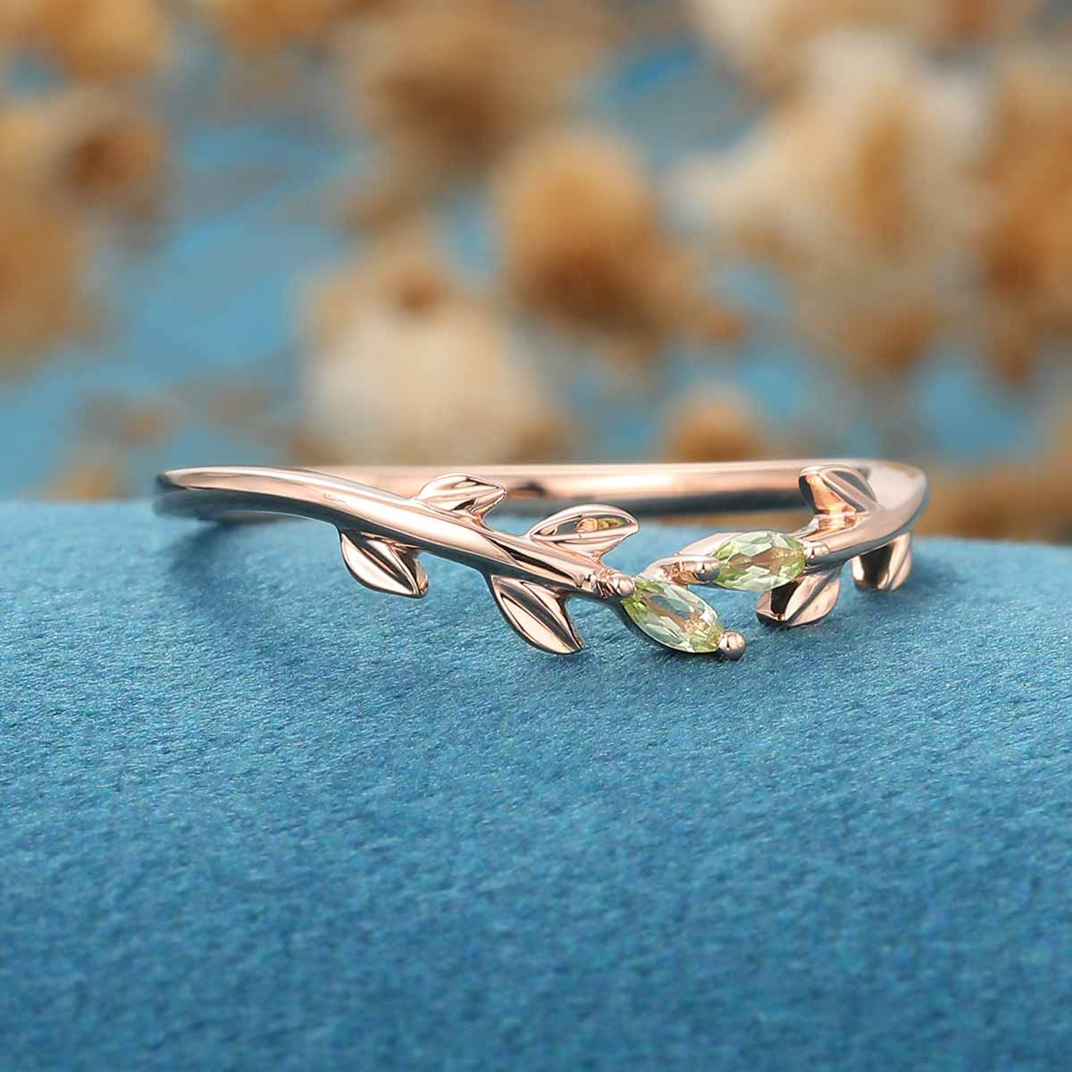 Marquise cut Olivine leaf Curved Wedding Band - Image 4