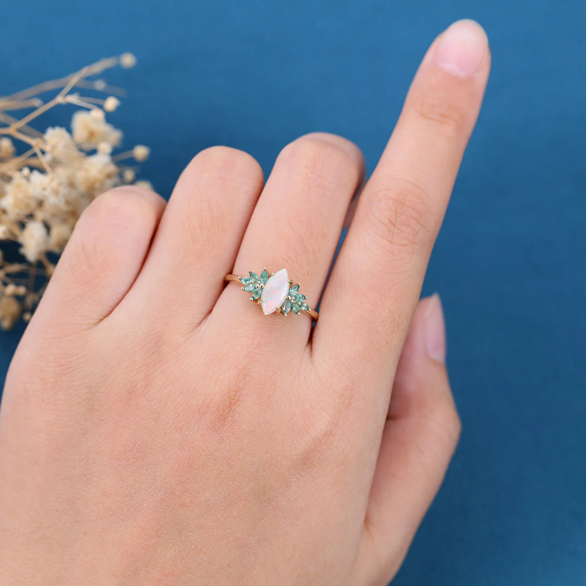 Marquise cut Opal Cluster Moss Agate Engagement Ring - Image 2