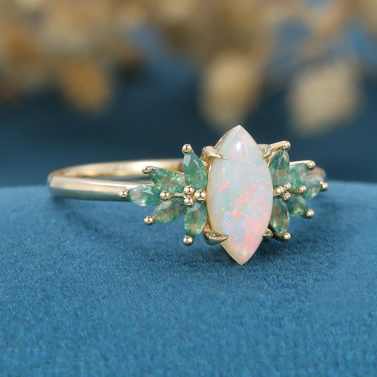 Marquise cut Opal Cluster Moss Agate Engagement Ring - Image 3